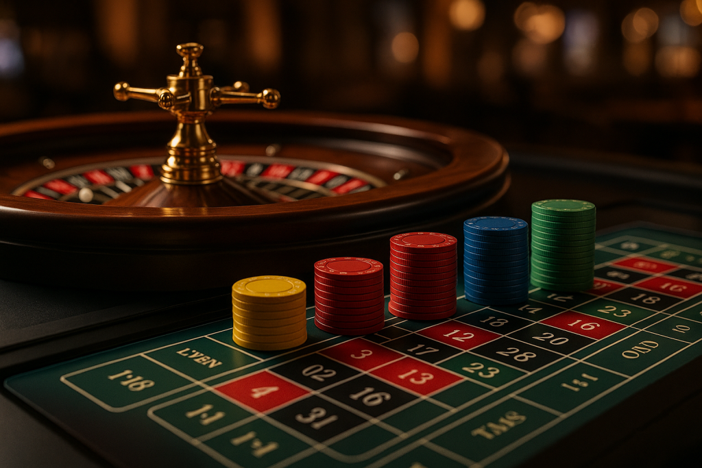 Online roulette wheel with betting chips on a digital interface
